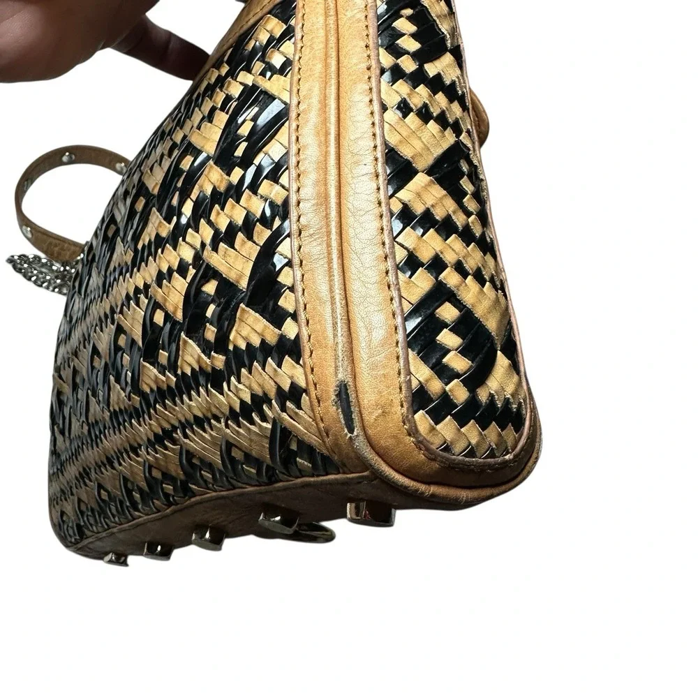 Rebecca Minkoff MAC Woven‎ Leather Crossbody Tan Black Chain Strap Shoulder Bag